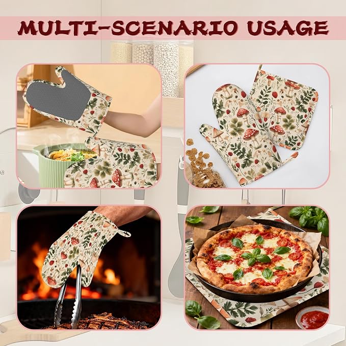 Red Mushroom Forest Strawberry Silicone Oven Mitts and Pot Holders,Heat-Resistant 4 Piece Kitchen Set Non-Slip Oven Gloves and Hot Pads for Cooking, Baking, Grilling,BBQ