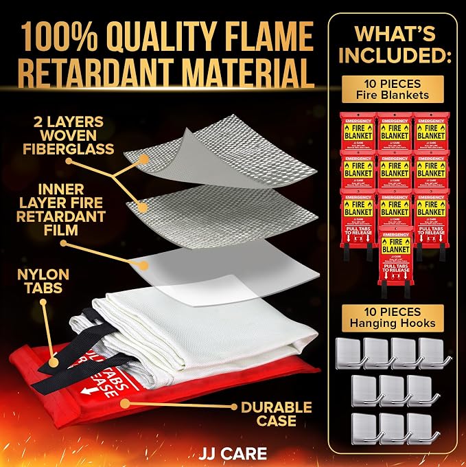 JJ CARE Fire Blanket – 10 Packs with Hooks – 40" x 40" Emergency Fire Blanket for Home & Kitchen, High Heat Resistant Fire Suppression Blankets for Home Safety, Kitchen, and Camping