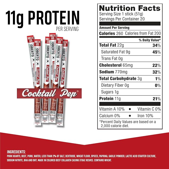 Oberto Classics Cocktail Pep Smoked Sausage Mega Size, Oh Boy! Oberto Beef & Pork Sausage XL Meat Stick, Peperoni Style Protein Snacks, 1.8 Ounce (Pack of 20)