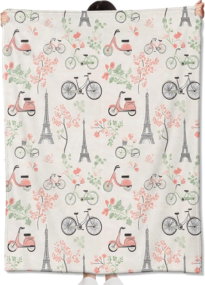 Parisian Bicycle Blanket Gifts for Kids Girls Women,Scooter and Eiffel Tower Throw Blankets,Soft Comfy Lightweight for Room Couch Bed Modern Stylish Decor,Travel Lover 60x50in