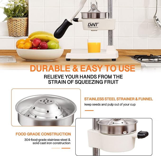 Commercial Heavy Duty Cast Iron Hand Press Manual Orange Citrus Lemon Lime Grapefruit Pomegranate Fruit Juice Squeezer Machine with Stainless Steel Cup White