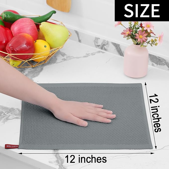 Homaxy 100% Cotton Waffle Weave Kitchen Dish Cloths, 7-Pack, Grey | 12 x 12 Inches, Ultra Soft Absorbent Dish Towels, Quick Drying Dish Rags with Hanging Loop