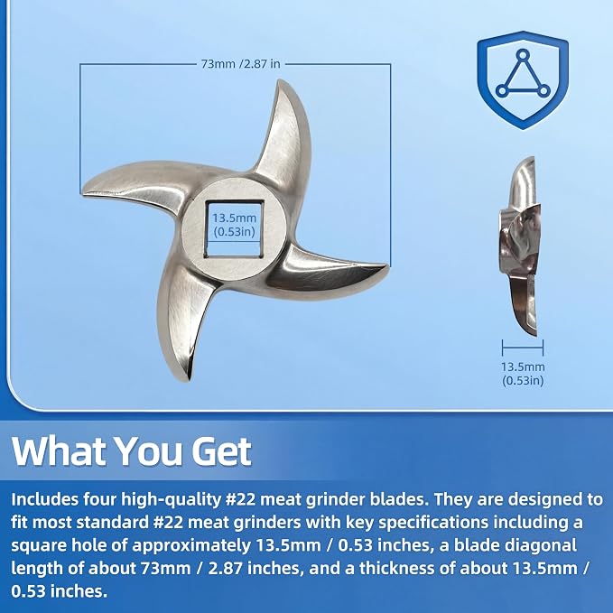 4 Pack #22 Meat Grinder Blades - 0.53" Square Hole & Full 0.51" Thickness for Heavy-Duty Grinding, Professional Stainless Steel Replacement Knives