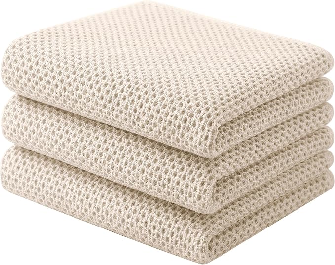 Homaxy 100% Cotton Waffle Weave Kitchen Towels, 3-Pack, Beige | 13 x 28 Inches, Ultra Soft Absorbent Dish Towels, Quick Drying Cleaning Towels