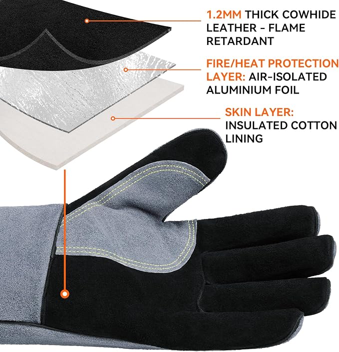 OZERO 16-Inch Welding Gloves: 932°F Heat Resistant Gloves, Black-Gray | 1.2 mm Split Cowhide, Reinforced Palm, Long Cuff, for MIG TIG Stick Forge BBQ Grill Fireplace Fire Pit Wood Stove Oven