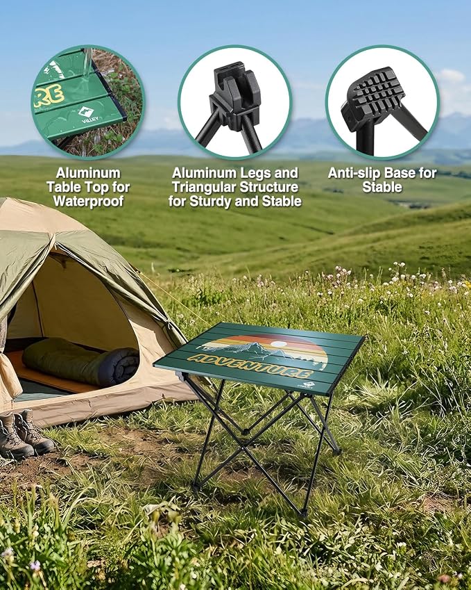 VILLEY Portable Camping Side Table, Ultralight Aluminum Folding Beach Table | Lightweight & Portable, Aluminum Folding Table with Carry Bag for Camping, Outdoor Cooking, Beach, Picnic, Boat & Travel