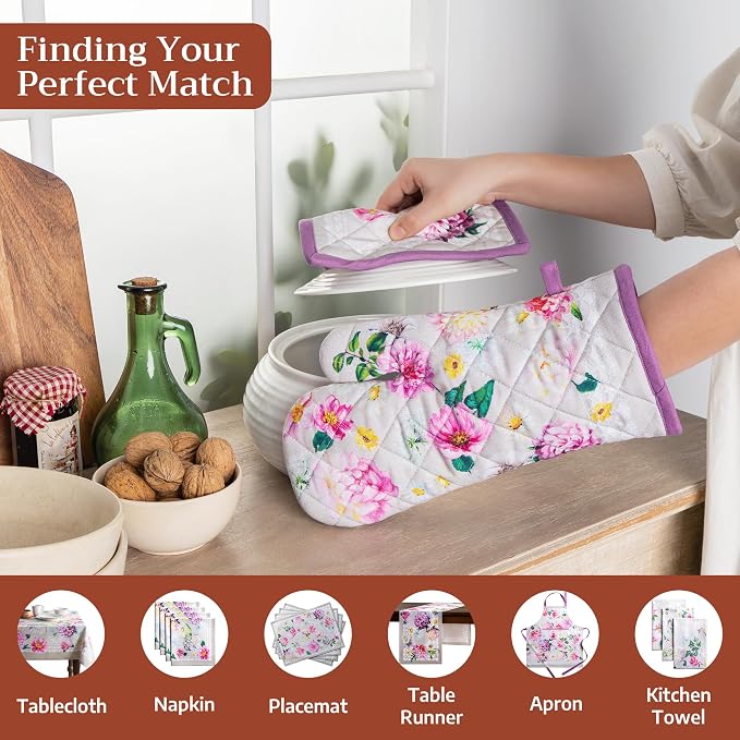 Maison d'Hermine Oven Gloves 100% Cotton Oven Mitt (7" x 13", Pack of 1) | With Loop Heat Resistant BBQ Cooking Gloves Baking Grilling Kitchen Handling Hot Pans Spring Summer - Pivoine