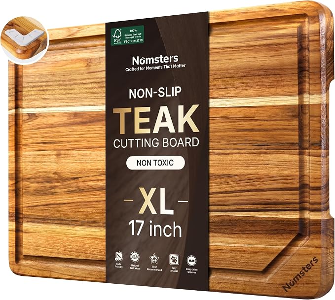 17" Teak Wood Cutting Boards for Kitchen Wooden Chopping Board Non Slip | High-End Teak, Over Sink, Wooden Chopping & Charcuterie Board, Easy to Clean, Non Slip, Ideal Kitchen Gift, Solid Thick