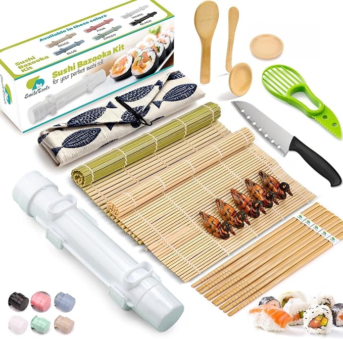 Sushi Making Kit, 22-in-1 Sushi Roller Kit with Bamboo Sushi Rolling Mat, Sushi Bazooka, Avocado Knife, Sushi Knife, Chopsticks, Sauce Dishes, Rice Spreader & More DIY Sushi Party Gift