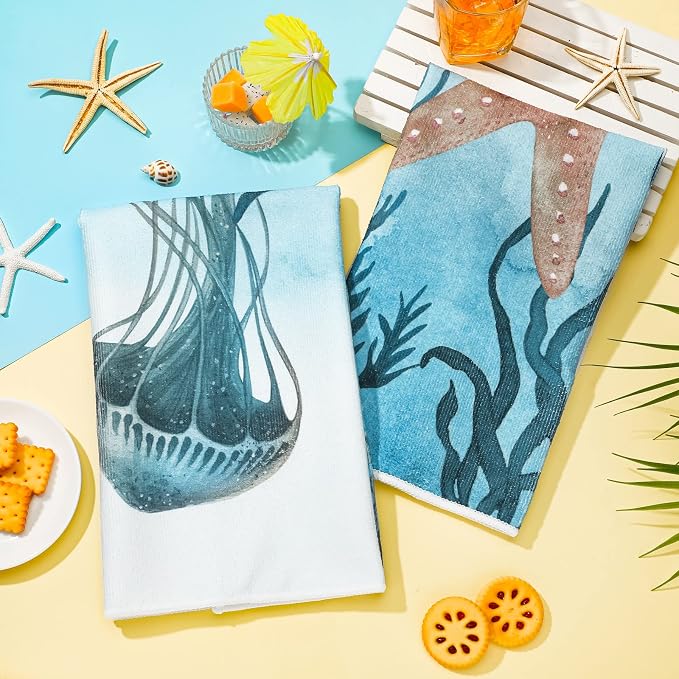 Boyiee 6 Pcs Beach Kitchen Towels Set, Ocean Sea Animal Nautical Tea Towels, 24 x 16 Inches Absorbent Cloth, Coastal Starfish Turtle Jellyfish Hand Dishcloths for Farmhouse Bathroom & Kitchen Decor