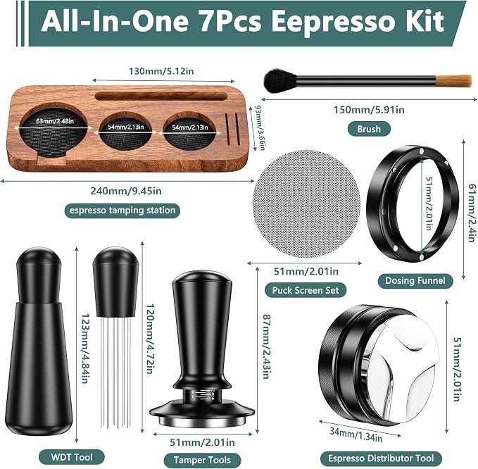 7 Pack Espresso Accessories Kit,51mm Espresso Tool Kit | Espresso Tamping Station | Coffee Distributor Tamper | WDT Tool | Dosing Funnel | Expresso Puck Screen | Christmas Gift for Espresso Lovers