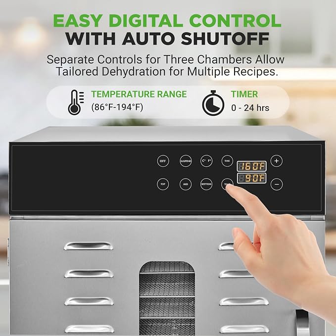 NutriChef 30 Layer & 3 Chamber Commercial Food Dehydrator Machine - Stainless Steel Trays, Digital Timer and Temperature Control, Ideal for Jerky Meat, Fruit, Pet Treats, Vegetables, and Herbs