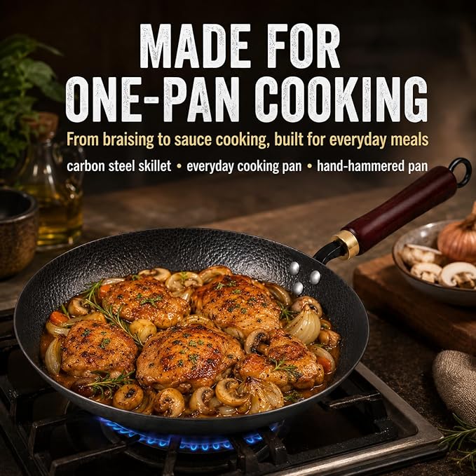 Calmabode 10.5" Hand Hammered Carbon Steel Skillet for Searing | Uncoated surface; removable handle for oven use, smoother food release with seasoning, and compatibility with all stovetops.