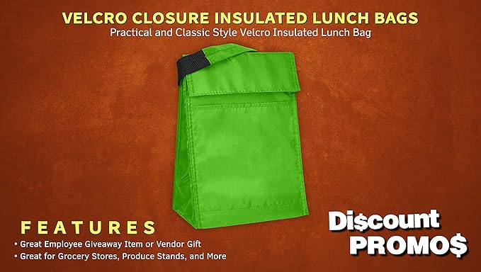 DISCOUNT PROMOS 10 Hook and Loop Insulated Lunch Bags Set - Polyester, Durable, Vibrant, Reusable - Green