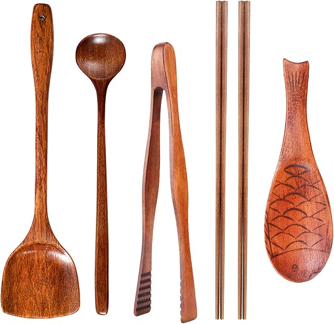 Wok Utensils Wooden Cooking Utensils Tools 6 PCS Wooden Spatula, Barbecue Tongs,Wok Shovel, Cooking chopsticks,Long Spoons,Nanmu Fish Shaped Rice Spoon Accessories