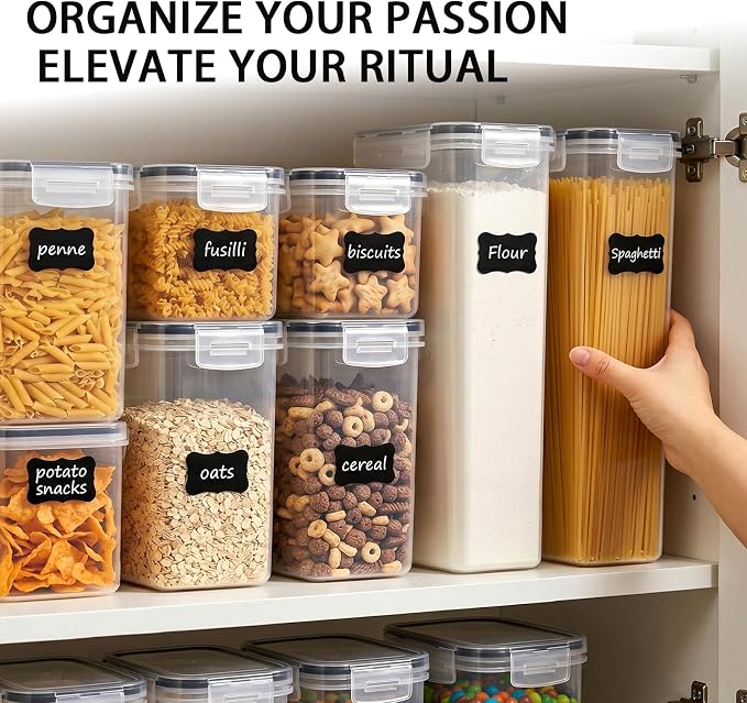 42 PCS Airtight Food Storage Containers with Lids, Plastic Kitchen and Organization Canisters for Cereal, Dry Food, Flour and Sugar, BPA-Free, PVC-Free, Includes Labels & Marker