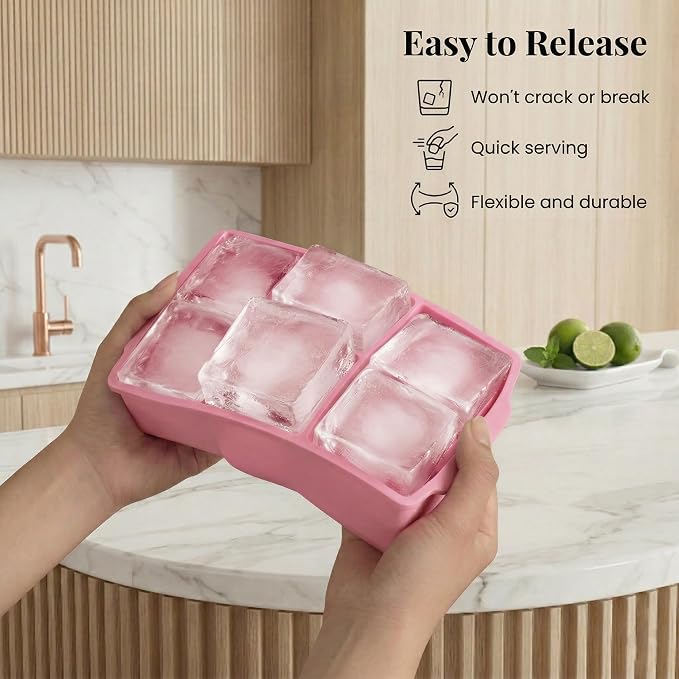 KitchFort® Large Silicone Ice Cube Tray (2-Pack), Easy Release 2" Big Ice Cubes - Cocktail, Whiskey Ice Cubes Mold - Ice Trays for Freezer with Lid - Stackable Silicone Ice Tray - Pink