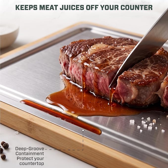Pure Titanium Cutting Board with Bamboo, Double Sided, Microplastic Free | Knife friendly, Non-Porous, Juice groove, Handles, Chicken, Fish, Steak Cutting Board, Non-Slip, Hand Wash Easily 16x12"