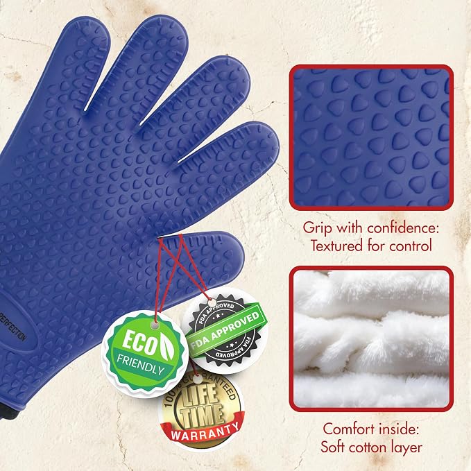 KITCHEN PERFECTION Silicone Griddle Grill Gloves Heat Resistant Oven Mitts | Waterproof, 5-Finger Design For A Better Grip, Best Griddle Grilling Accessories, Compatible with Blackstone, Weber & More