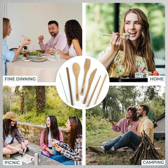 Travel Utensils with Case Set Fork, Knife, Spoon, Chopsticks, Straw, Straw-cleaning brush, Travel Pouch and Carabiner, Excellent For Everyday Use! ((1Set) Sunset Red)