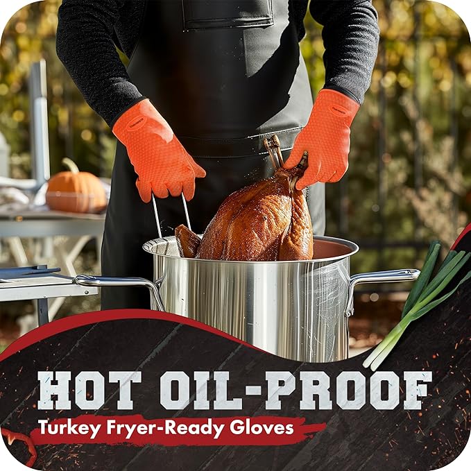 KITCHEN PERFECTION XL Silicone Smoker BBQ Gloves -Heat Resistant Oven Mitts | Waterproof, 5-Finger Design For A Better Grip, for Pitmasters, Meat Smoking, Grilling, Cooking, Frying Turkey | Grill Gift