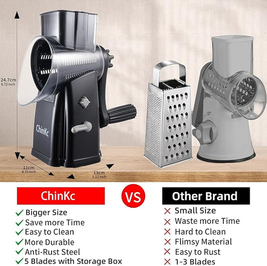 Rotary Cheese Grater Shredder - Upgraded 5 in 1 Cheese Grater with Handle and Strong Suction Base, Multi-purpose Julienne Slicer Ice Shaver Nuts Grinder for Ice, Vegetables, Fruit, Nuts