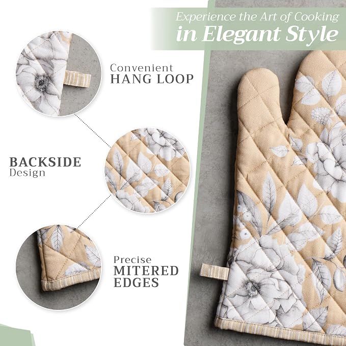 Maison d' Hermine 100% Cotton Oven Mitt & Pot Holder Set (7.5"x13" & 8"x8") | Heat Resistant BBQ Cooking Gloves with Loop Baking Grilling Kitchen Home Farmhouse Thanksgiving Christmas - Pretty Autumn