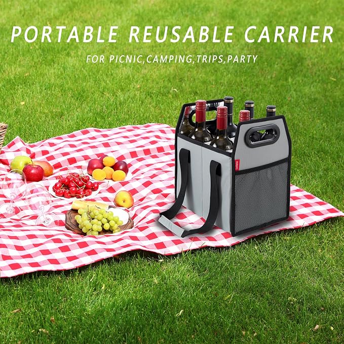 Collapsible 6 Bottle Wine Carrier Storage Box Reusable Portable Wine Bottle Carrier Case for Tote Bag, Moving, Vacation Bottle Caddy, Grocery Shopping, Wine Tasting Accessory