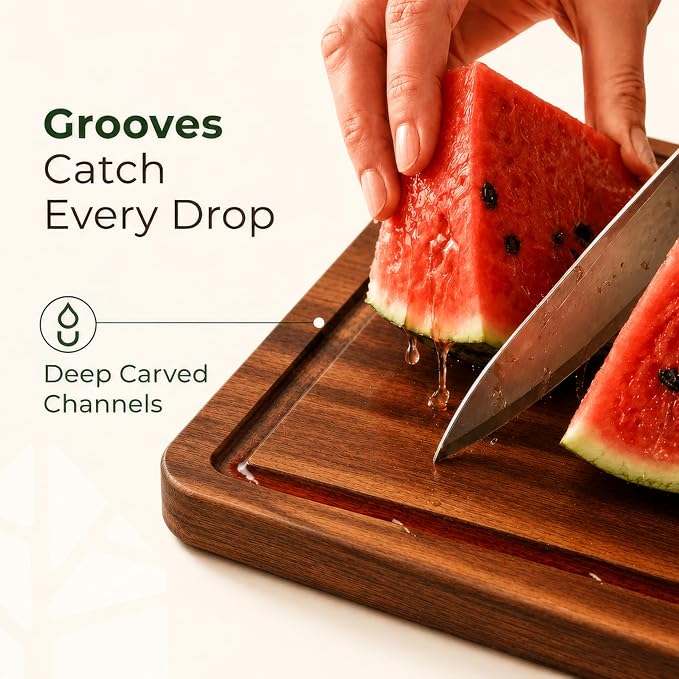 Acacia Wood Cutting Board Set of 3 with Holder, Juice Grooves & Handles | Durable and knife-friendly for chopping, food prep and charcuterie serving; three sizes with a matching storage stand