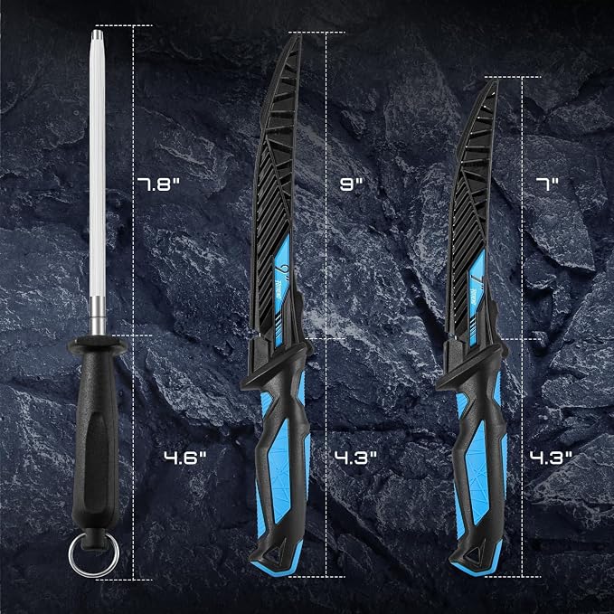 Fillet Knife Kit Combo,Fishing Gear and Gifts for Men | Fishing Knives with Sheath,and Honing Rod,Ultra-Sharp G4116 Blades,Corrosion-Resistant,Non-Slip Handle,Durable Storage Bag