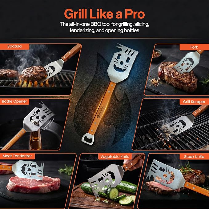 Stainless Steel Grill Spatula for Outdoor Grill, 7-in-1 BBQ Spatulas Turner, Fork & Tongs, Heavy Duty Metal Grilling Spatula with Bottle Opener, Multifunctional Barbecue Grilling Tool
