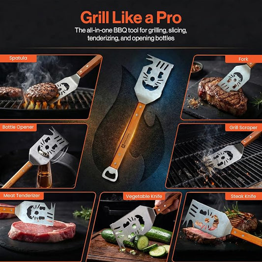 Stainless Steel Grill Spatula for Outdoor Grill, 7-in-1 BBQ Spatulas Turner, Fork & Tongs, Heavy Duty Metal Grilling Spatula with Bottle Opener, Multifunctional Barbecue Grilling Tool