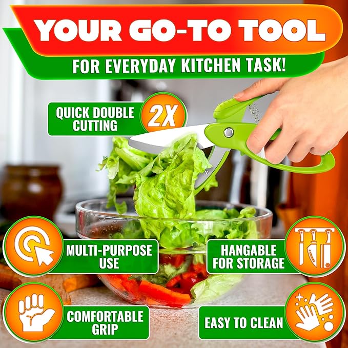 Salad Scissors for Chopped Salad, 8.9 In Stainless Steel | Double-Blade Lettuce Chopper Scissors; Chops Greens, Tomato & Herbs in Bowl, No Knife Needed; Anti-Splash Head; Safety Lock