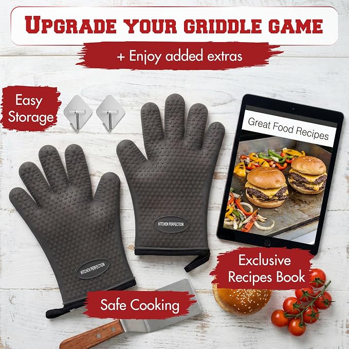 KITCHEN PERFECTION XL Silicone Griddle Gloves - Heat Resistant Oven Mitts | Waterproof, 5-Finger Design For A Better Grip, Best Griddle Grilling Accessories, Compatible with Blackstone, Weber & More