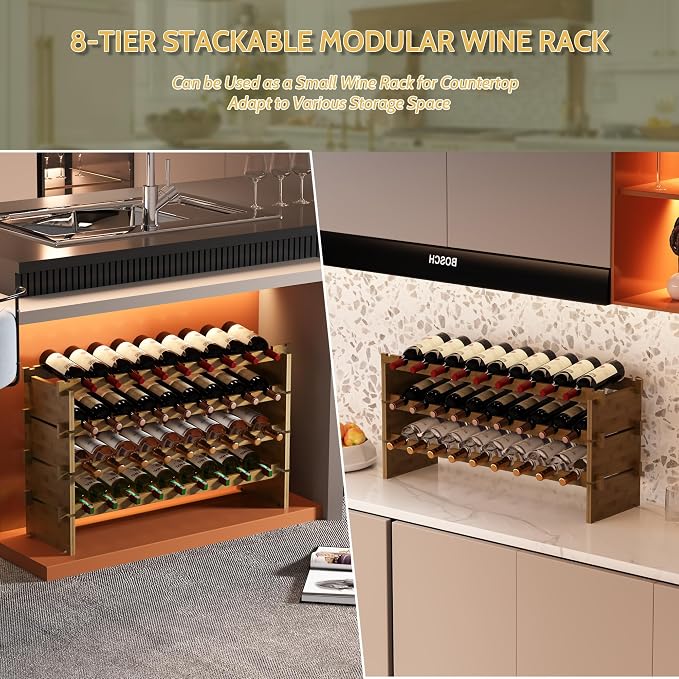 Bamboo Large Wine Rack, 8-Tier Freestanding Floor Bottle Storage Holder | 69-Bottle Storage | Wooden Wine Storage Organizer Shelves for Kitchen Bar, Cellar, & Dining Room | Walnut | Anti-Tip Kit