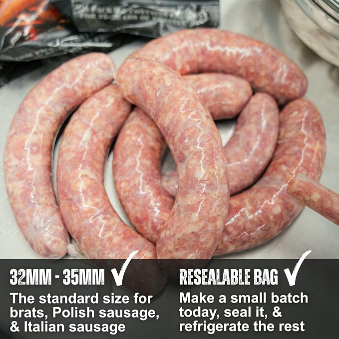 Bearded Butchers Natural Hog Sausage Casings 32-35mm, Edible Pre-Flushed | Stuffs 25-30 lbs, natural snap & bite, resealable brine bag, for bratwurst, Italian sausage, kielbasa, hot dogs, Polish