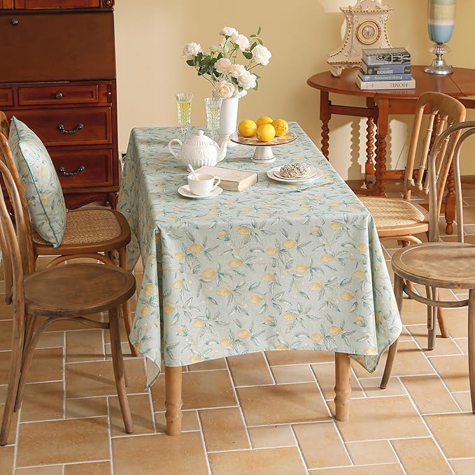 patdrea Designer Linen Green Tablecloth for Rectangle Table,Vintage Breathable Yellow Fruits Pattern Table Cloth,Decoration Cover for Kitchen Dining,Christmas,Thanksgiving,Party,63"x87"-Ania a