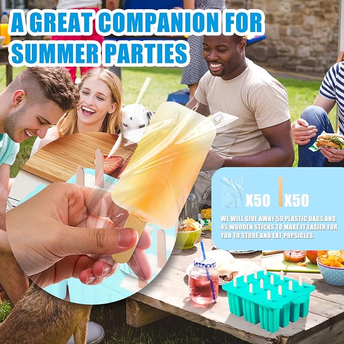 Popsicles Molds Silicone, Bpa-free ice Pop Mold Food Grade Popsicle Maker With 50 Popsicle Sticks 50 Popsicle Bag For Kids Easy Cleanup (Blue, 12 Cavities)