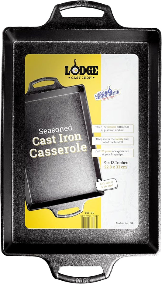 Lodge Seasoned Cast Iron Casserole Pan - 9 Inches x 13 inches - Heavy-Duty, Durable Seasoned Baking Dish - Classic Cast Iron Casserole Dish for Everyday Cooking