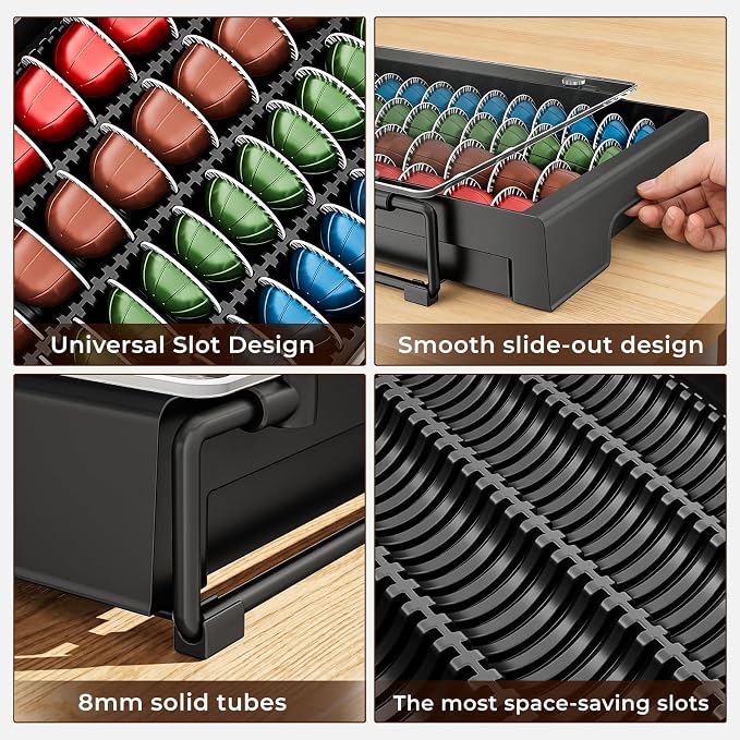 EVERIE Nespresso Vertuo Pod Holder Drawer, Coffee Pod Organizer with Universal Slots, Holds 40 Large or 52 Small Capsules, Tempered Glass Top Storage Drawer for Coffee Makers, 12" x 16.5" x 3.5"