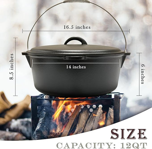 Cuisiland 12 Quart Cast Iron Dutch Oven with Dome Lid & Bail Handle – Pre-Seasoned Large Campfire Pot for Outdoor Cooking, Roasting, Baking & Stews – Heavy-Duty Cookware with Even Heat Distribution
