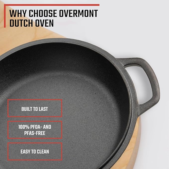 Overmont 7QT Double Dutch Oven - 2-in-1 Pre-Seasoned Cast Iron Pot & Recipe | Skillet Lid Doubles as Frying Pan, Heavy Duty Cast Iron Pot with Handle Covers, for Sourdough Baking Frying Outdoor Camping
