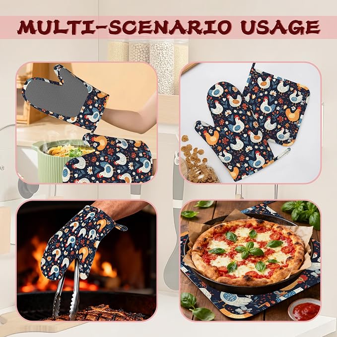 Cute Roosters Hens Chicks Heat-Resistant Silicone Oven Mitts and Pot Holders,Flower Field Long Oven Gloves with Non-Slip Grip for Cooking, Baking, Grilling,BBQ