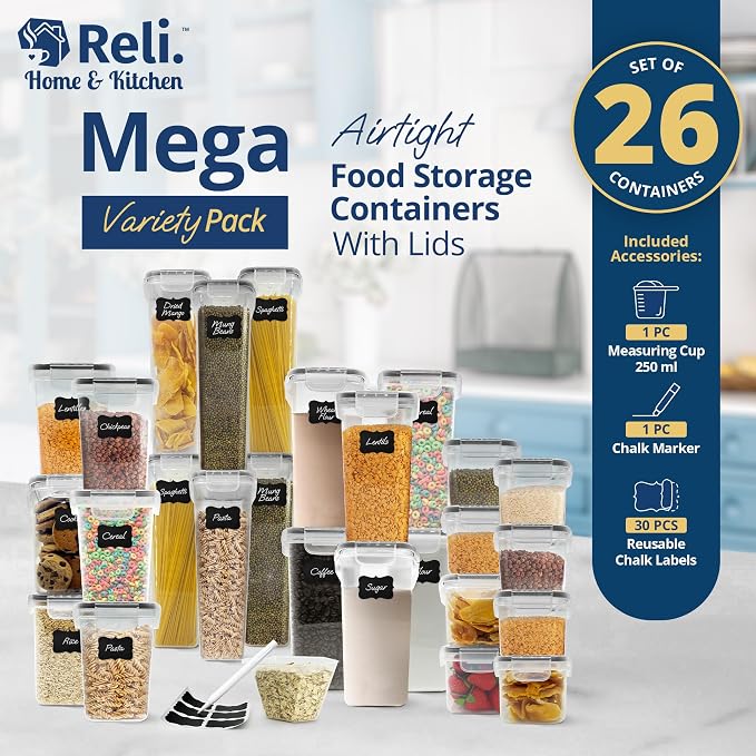 Reli. Pantry Organizers and Storage | Food Containers with Lids (26 Sets) | Airtight Plastic Storage Containers, Kitchen Organizers, Clear Food Storage Canister Sets with Lids, BPA free, Multi-Size