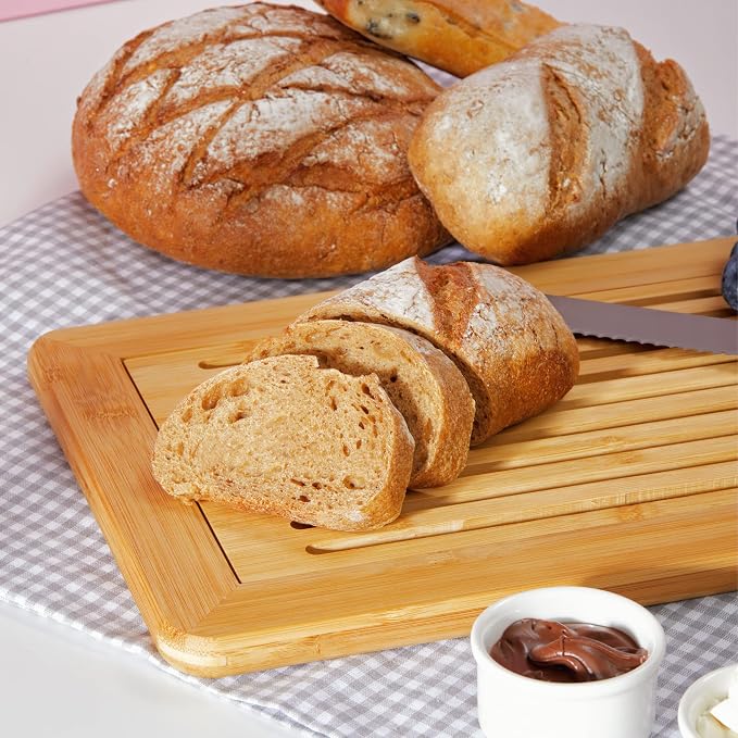 RoyalHouse Large Premium Natural Bamboo Bread Cutting Board with Crumb Tray, Bread Serving Tray for Kitchen | Bread Serving Tray for Kitchen, Ideal for Slicing Loaves, Catching Crumbs, and Elegant Countertop Presentation
