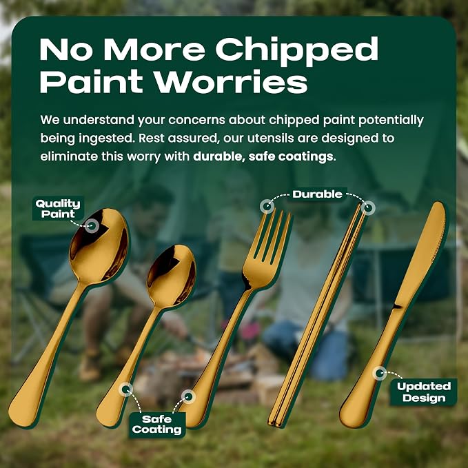 Taplord Portable Travel Silverware Set With Case, Includes 5 Pcs of Travel Utensils With Case, Stainless Steel Flatware Set For Camping, Easy to Travel, Lightweight (Gold)