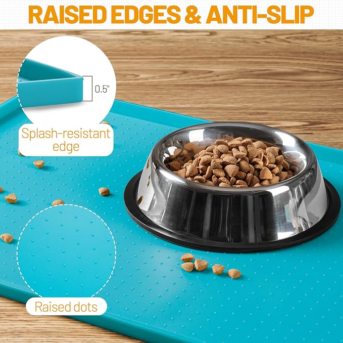Hubulk Dog Feeding Mat,100% Waterproof BPA Free Silicone Pet Food and Water Bowl Placemat,Dishwasher, High Raised Edge to Prevent Spills,Nonslip Tray to Stop Messes on Floor (19"x12"x0.5", Teal)
