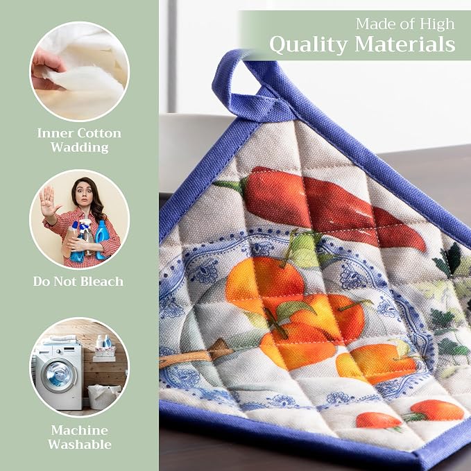 Maison d' Hermine Pot Holders 100% Cotton Potholders (8" x 8", Pack of 2) | Heat Resistant Hot Pads with Loop BBQ Cooking Baking Farmhouse Kitchen Handling Hot Pans Spring Summer - Gourmand