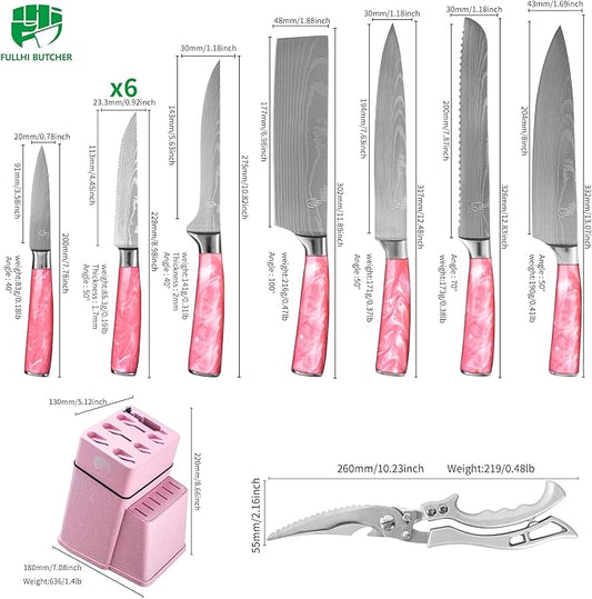 FULLHI 14pcs Block Knife Set, Chef's Knife Steak Knives Set with Block and Sharpener, Kitchen Knife Set, Multi-colour Handle, Gifts for Men Women