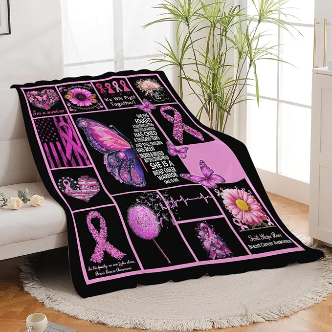 Breast Cancer Awareness Blanket Chemo Pink Ribbon Flannel Plush Throw Blanket Cozy Inspirational Warrior Decor Fleece Stuff Blanket Gifts for Lover Girls Boys Kids Adults Women Bed Travel 60"x80"